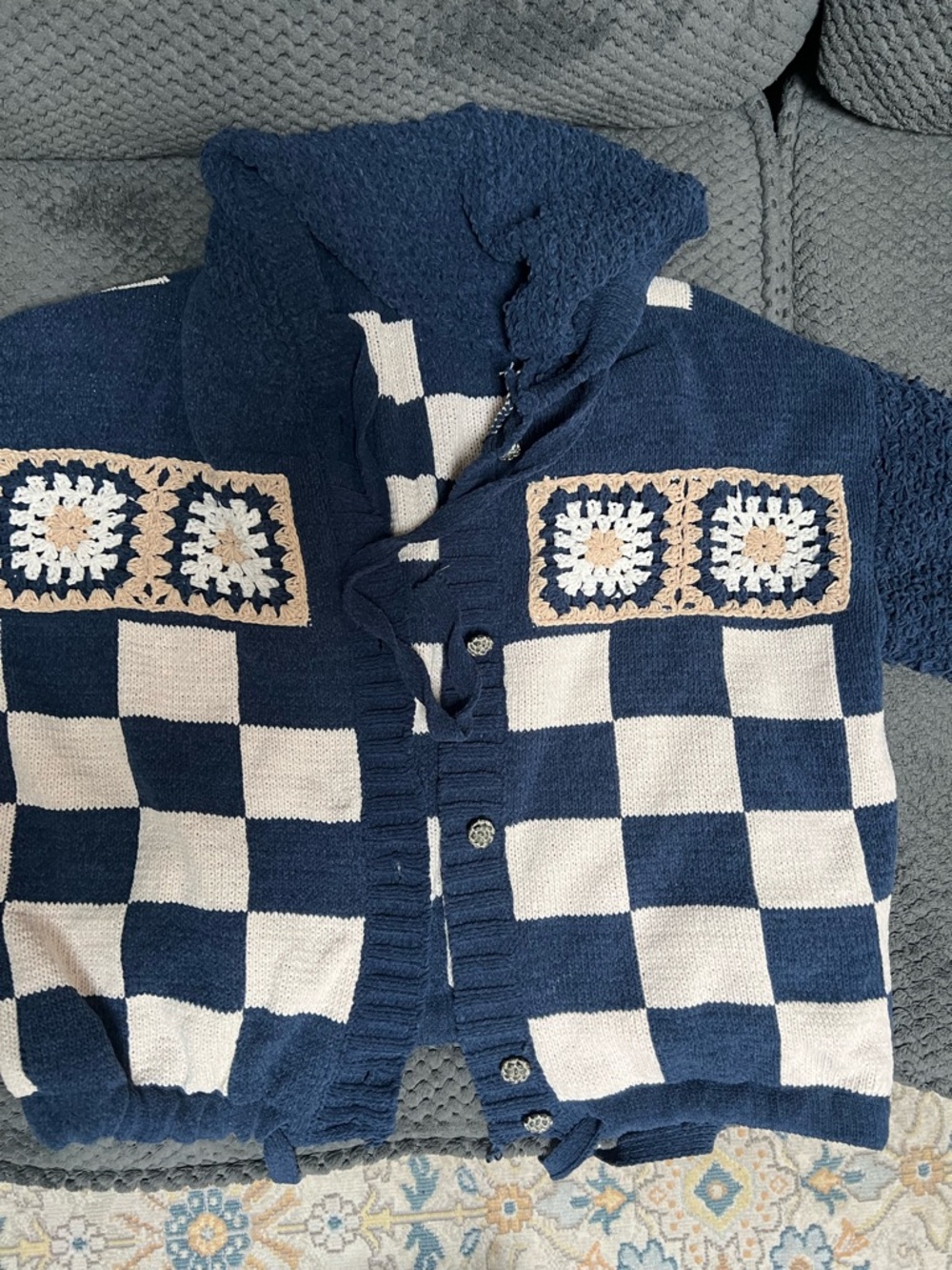 POL Navy & Cream Checkered Hooded Crochet-Accent Cardigan